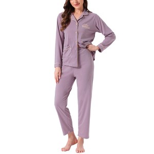 INSPIRE CHIC Women's Lounge Set Cotton Ribbed Button Up Long Sleeve Pants Pattern with Pocket Pajama Set Loungewear - 1 of 4