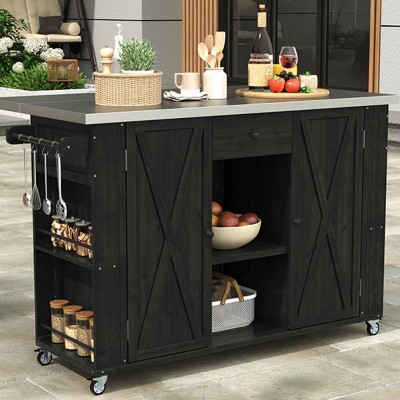 Outdoor Kitchen Island Cart with Foldable Stainless Steel Top, Spice Racks, Storage Shelves, Towel Bars and Locking Wheels for Patio-The Pop Home