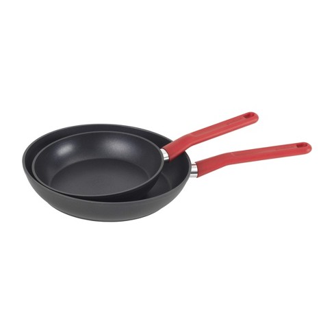 Choice 3-Piece Aluminum Non-Stick Fry Pan Set with Red Silicone Handles -  8, 10, and