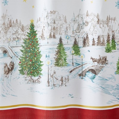 Santa's Snowy Sleighride Red and White Fabric Shower Curtain