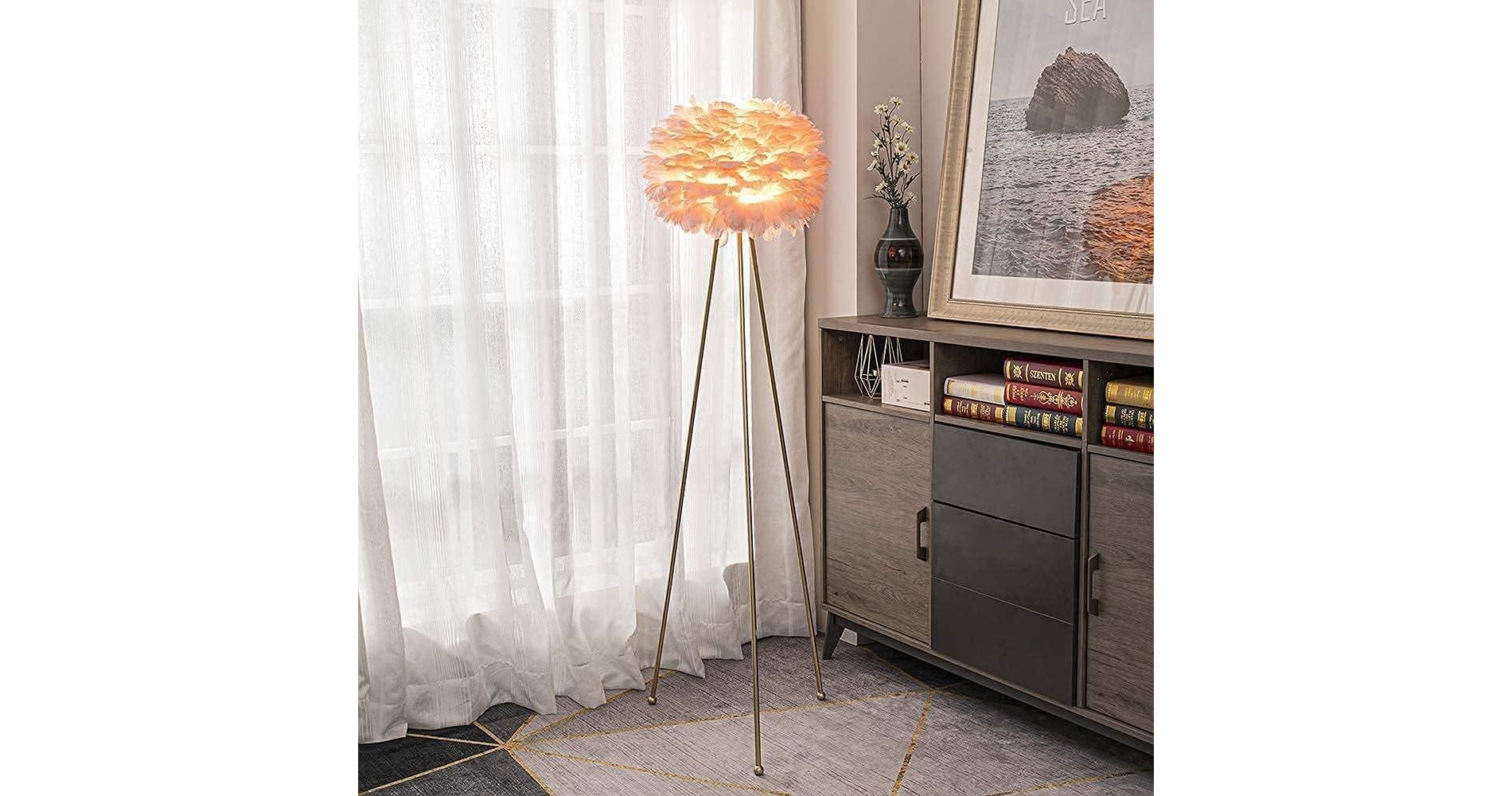 60" Modern Art Feather Floor Lamp, Metal Standing Lamp with Pink Feather Lampshade for Living Room, Bedroom, Office, Study, Hotel Decoration