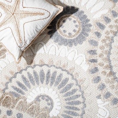 Grey and Ivory Floral Synthetic Square Indoor/Outdoor Rug