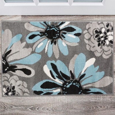 Blue and Gray Floral Synthetic Easy Care Area Rug 2' x 3'