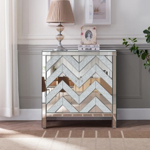 31.5" Mirror Trim Accent Cabinet with Diamond/Wave Pattern Doors, Retro Entryway Storage Cabinet with Adjustable Shelf - Panipeachy - 1 of 4