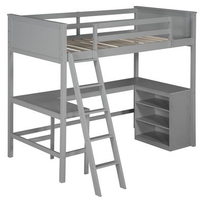 Bellemave Twin size Loft Bed with Shelves and Desk, Wooden Loft Bed with Desk - Gray