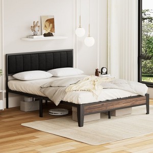 Lusimo Queen Metal Platform Bed Frame with Fabric Upholstered Headboard Easy Assembly - 1 of 4