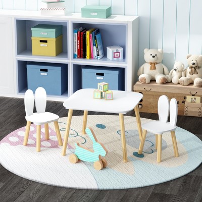FURNIinspire Kids Table Sets 3 Pieces Rabbit Themed Toddler Table Chair Set, Children Wooden Activity Play Table Set, White, 23.6"*23.6"*17.3"