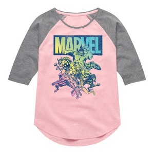 Girls' - Marvel - Avengers Group Rainbow Shirt Tail Raglan Graphic T-shirt - 1 of 3