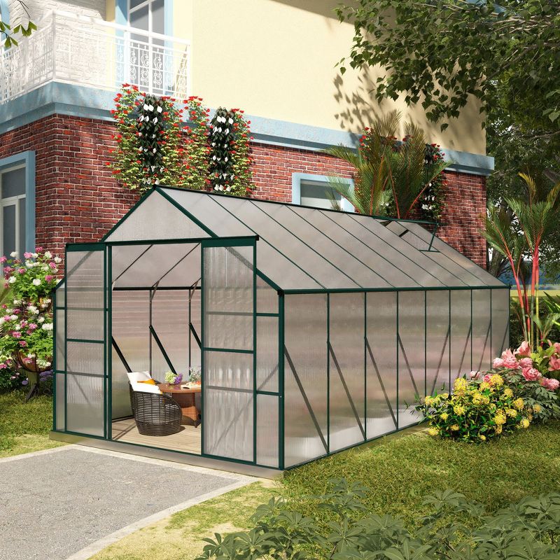 Outsunny Aluminum Greenhouse Polycarbonate Walk-in Garden Greenhouse Kit with Adjustable Roof Vent, Rain Gutter and Sliding Door, 3 of 7