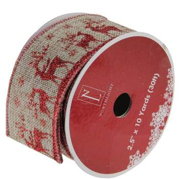 Northlight Red and Beige Reindeer Burlap Wired Christmas Craft Ribbon 2.5" x 10 Yards