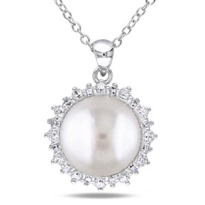 EVERLY JEWELRY | Sterling Silver 11-12 MM White Cultured Freshwater Pearl and White Topaz Halo Pendant with Chain - 18 in - 1 of 4