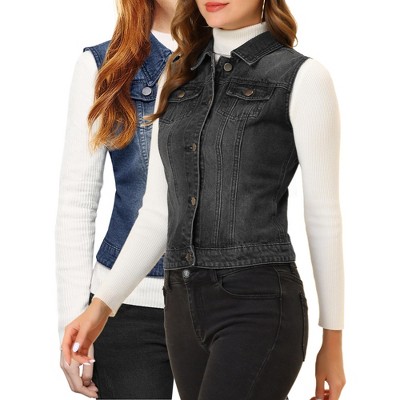 INSPIRE CHIC Women's Buttoned Washed Denim Vest with Faux Chest Flap Pockets 2 Packs