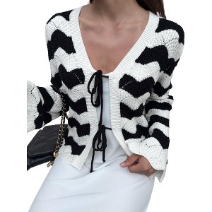 Coolmee Women's Cardigan Chunky Fashion Open Front Striped Color Block Cable Knit Sweater Coats - 1 of 4
