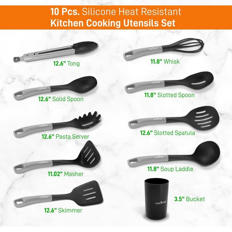 NutriChef 10 Pcs. Silicone Heat Resistant Kitchen Cooking Utensils Set - Non-Stick Baking Tools with PP Holder (Silver & Black), 2 of 5