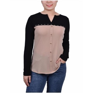 NY Collection Womens Studded Colorblocked Split Neck Button Up Shirt - 1 of 1