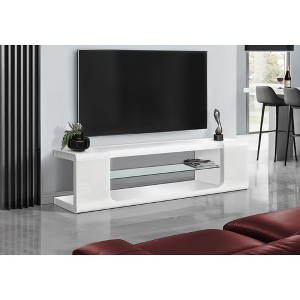 60" Glossy Laminate Contemporary TV Stand with Clear Tempered Glass Shelves and Open Storage for Living Room - 1 of 4