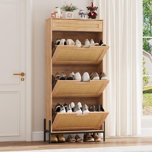 Natural Rattan 3 Flip Door with 1 Drawer Shoe Rack Storage Cabinet, Shoe Cabinet Organizer Freestanding with 3-Tier Adjustable Shelves for Entryway - 1 of 4