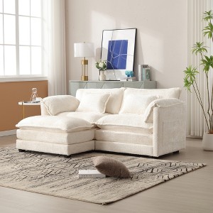 76.77'' Chenille Double Sofa with Removable Armrests L-Shaped Sectional Sofas, Footstool, and Convenient Side Pockets - 1 of 4
