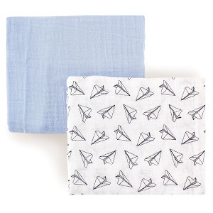 Hudson Baby Infant Boy Cotton Muslin Swaddle Blankets, Blue Paper Airplane, One Size - 1 of 1