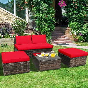 Costway 5PCS Patio Rattan Wicker Furniture Set Armless Sofa Cushioned Red/Turquoise - 1 of 4