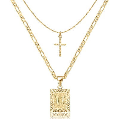 14K Gold Plated Initial Cross Necklace - A-Z Letter Layering Pendant for Women