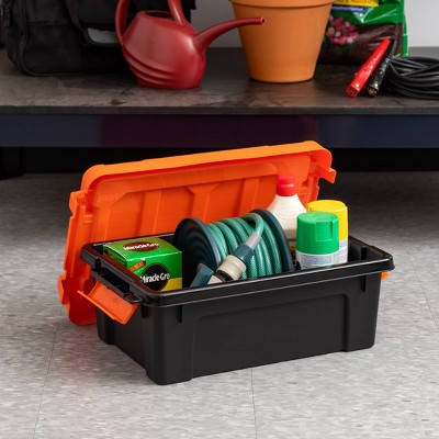 Heavy Duty Black and Orange Stackable Plastic Storage Bins with Lids