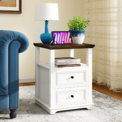 Vipbear Modren Nightstand 18 in End Table with Charging Station Rustic Wood Tall Bedside Table with 2 Drawers Storage Small Dresser Open Shelf