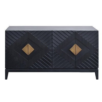 The Urban Port 55" Sideboard Buffet Console with 2 Door Cabinet Diamond Cut Handles Matte Black Black/Brass