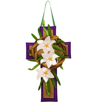 Evergreen Flag Easter Cross Burlap Door Decor