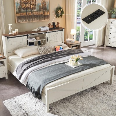 SinCiDo Farmhouse Bed Frame,w/Charging Station, Storage Bookcase Headboard,Sliding Barn Door,No Box Spring Needed, w/Wood Slats Support
