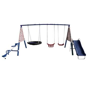XDP Recreation Freedom Fun Metal A-Frame Kids Outdoor Swing Set 7 Child Capacity Backyard Playground Toy Set with Slide, 3 Swing Types, and See-Saw