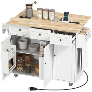 HOMCOM Rolling Kitchen Island with Charging Station and Drop Leaf, 53" Kitchen Island Table with Wood Top, 3 Drawers, Adjustable Shelf - 1 of 4