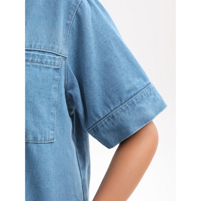 INSPIRE CHIC Women's Short Sleeve Denim Button Down Turndown Collar Casual Jean Jackets Dark Blue Medium — фото 4