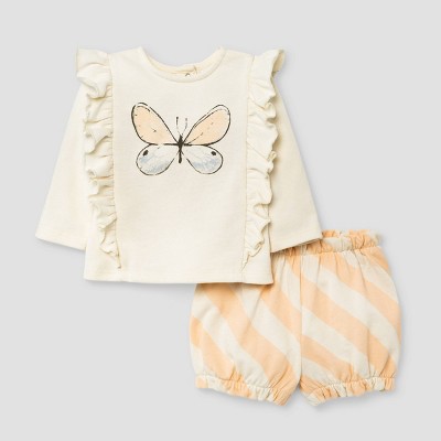 Grayson Mini Baby Girls' 2pc Butterfly Top & Bottom Set - Cream 0-3M