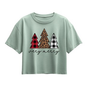 Girls' - Instant Message - Very Merry Plaid Leopard Trees Short Sleeve Boxy Graphic T-Shirt - 1 of 2