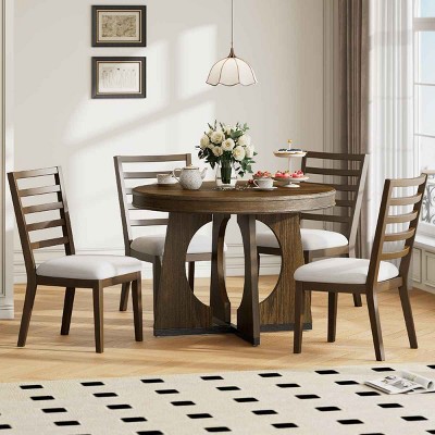 5 PCS Retro Dining Set with 4 Chairs and Table, Extendable Table with Removable Leaf, Upholstered Chairs with Rubberwood Frame-Coolbibila