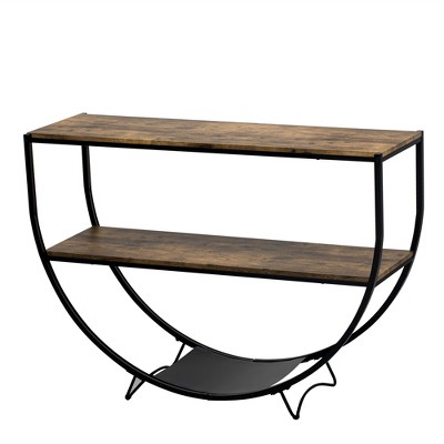 VYNXARIA Industrial Design Demilune Shape Textured Metal Distressed Wood Console Table (Distressed Brown)