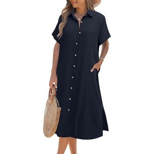 Zeagoo Women Dresses Summer Casual Short Sleeve Button Down Shirt Dresses Beach Cover Up with Pockets - 1 of 4