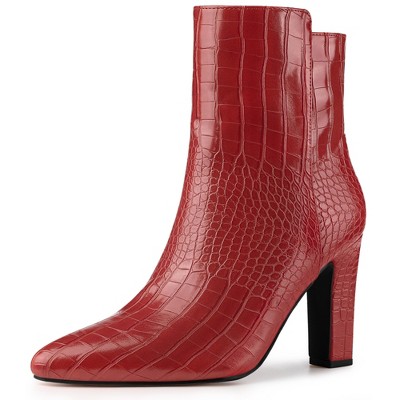 Allegra K Women s Crocodile Pointed Toe Chunky High Heels Ankle Boots Red 7