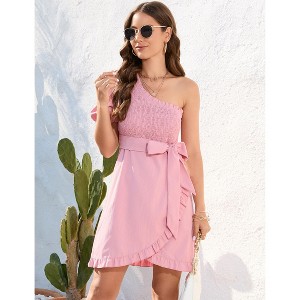 Women Tunic Dress One Shoulder Bodycon Dresses Short Sleeve Sexy Cocktail Party Mini Dress - 1 of 4