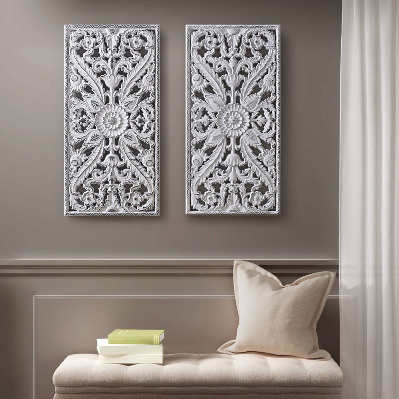 (Set of 2) 15.5&#34; x 31.5&#34; Botanical Wood Carved Wall Panel White, 4 of 10