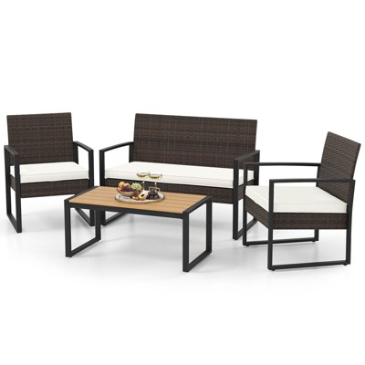 Tangkula Set of 4 PE Rattan Patio Conversation Set Outdoor Porch Chairs Loveseat with Coffee Table and Soft Cushions Metal Frame