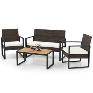 Tangkula Set of 4 PE Rattan Patio Conversation Set Outdoor Porch Chairs Loveseat with Coffee Table and Soft Cushions Metal Frame - 1 of 4