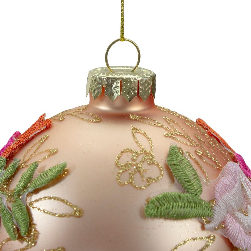 Northlight 2-Finish Pink Floral Applique Glass Christmas Ball Ornament 4" (100mm), 3 of 5