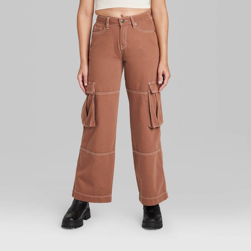 Women's Mid-Rise Cargo Baggy Wide Leg Utility Jeans - Wild Fable™ Brown Wash, 3 of 8