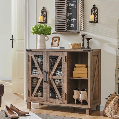 Farmhouse Shoe Cabinet with 2 Mesh Door & Adjustable Shelves, Freestanding Shoe Racks for 14 Shoes,  Rustic Shoe Organizers for Entryway, Light Brown