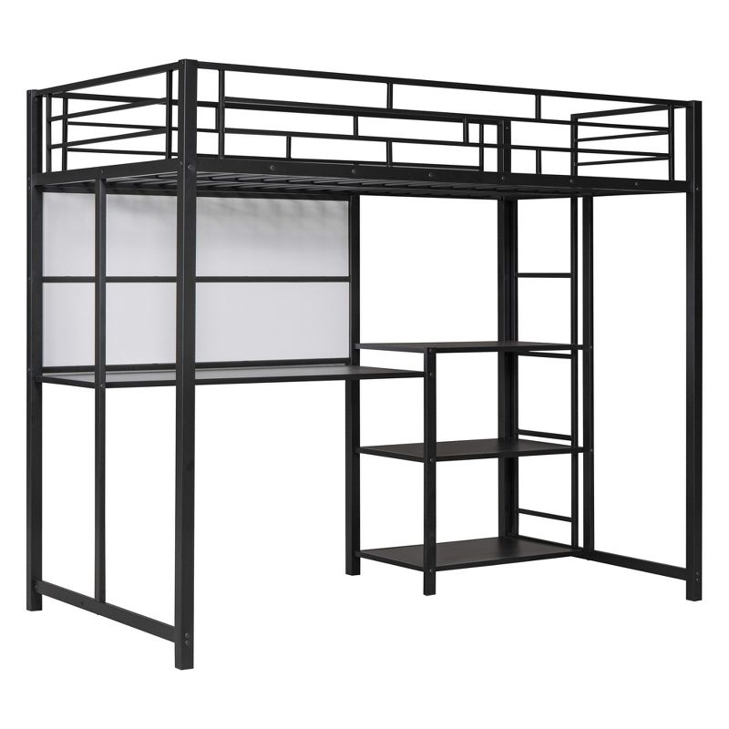 Full/Twin Size Loft Bed with Desk and Whiteboard, Metal Bed with 3 Shelves and Ladder - ModernLuxe, 4 of 13