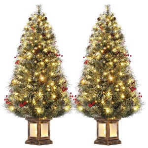 2pic-4.5ft Christmas Tree  Artificial Christmas Tree with Lighting Potted Base,Xmas Tree with 100 Warm White Lights Red Berries, Festival Decoration - 1 of 4