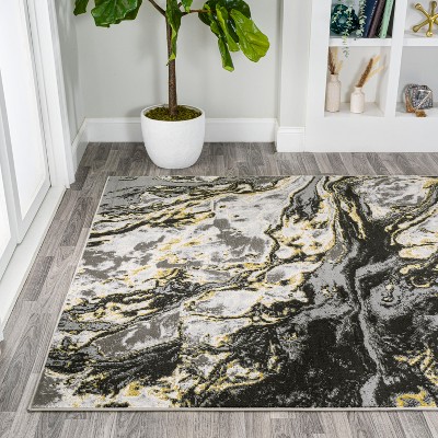 Abstract Swirl Marbled 4'x6' Black & Yellow Synthetic Rug
