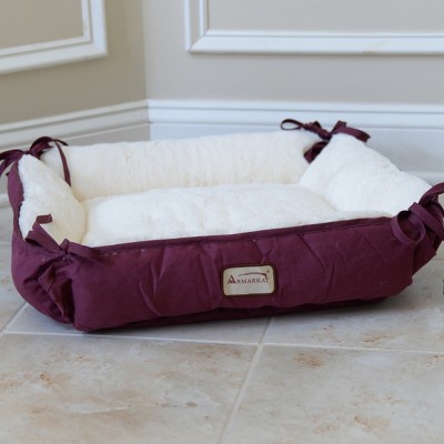 Burgundy and Ivory Waterproof Canvas Pet Bed with Plush Interior
